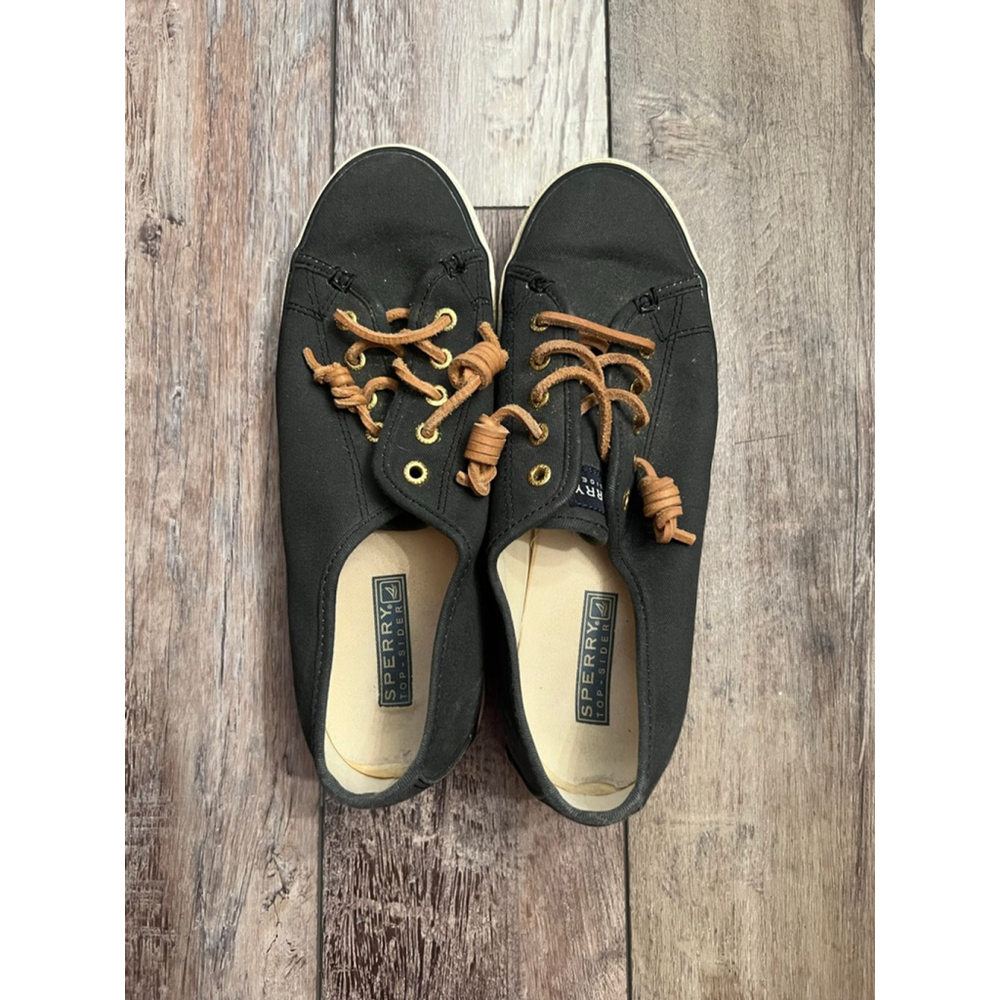 Women's Sperry Black Canvas Sneakers with Brown Laces Size 7.5